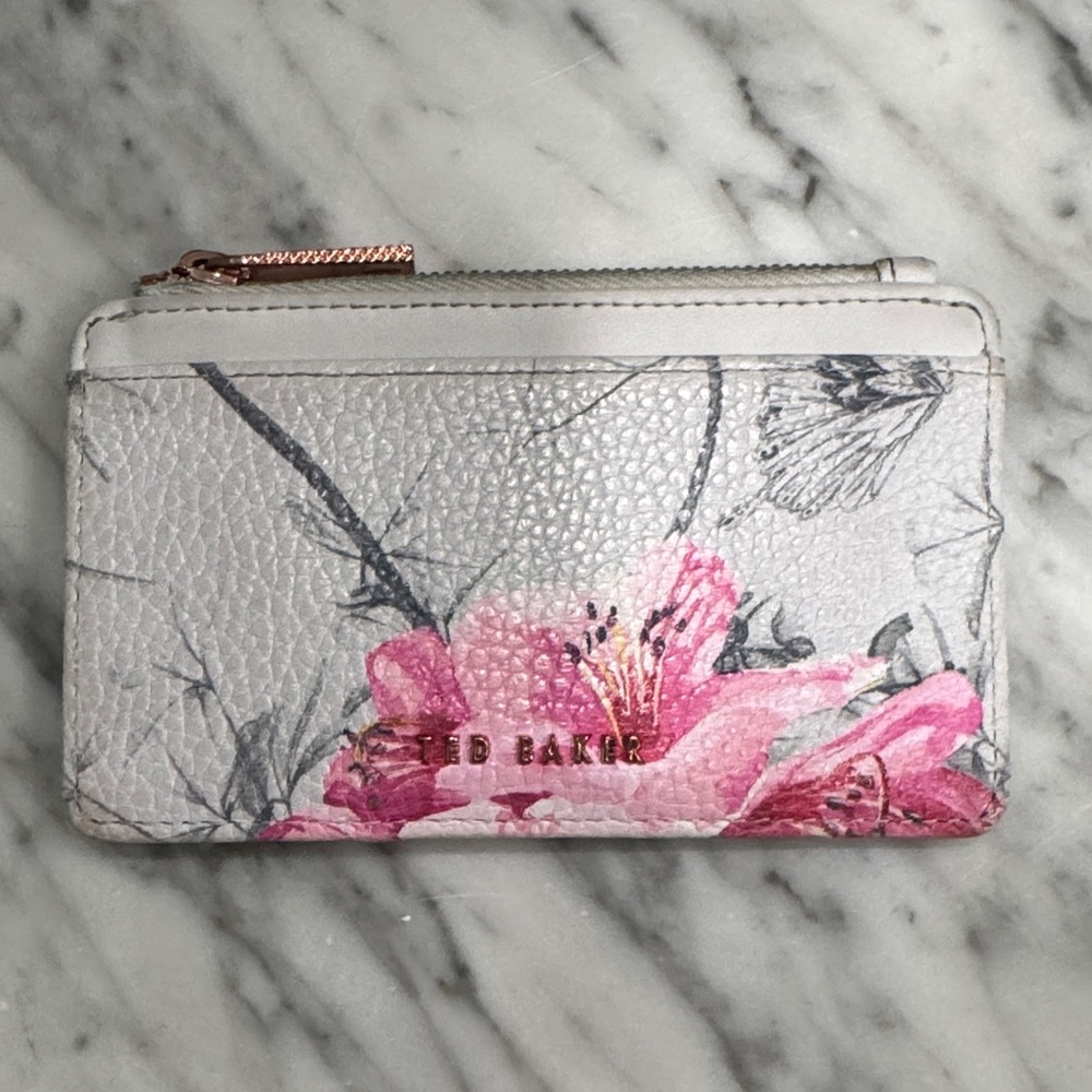 Ted Baker Pink Floral Leather Card Holder with Rose Gold Zip